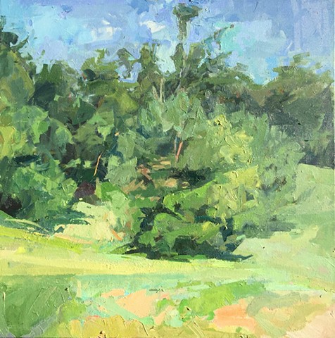 Painting by Andrew Wykes of a sunlit bush and trees under a blue sky