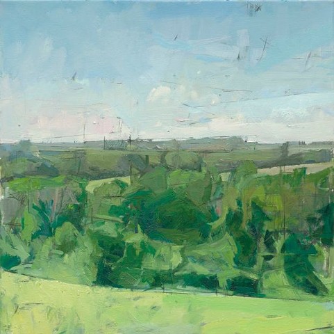Painting by Andrew Wykes of a wide view over trees and fields under a pale sky