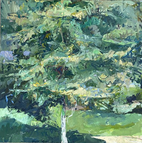 Expressive painting of a tree by Andrew Wykes in layered greens
