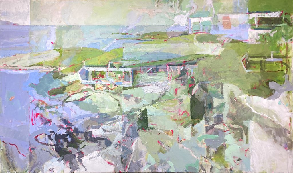 Semi-abstract landscape painting by Andrew Wykes in greens, lilac and pale blue with red marks