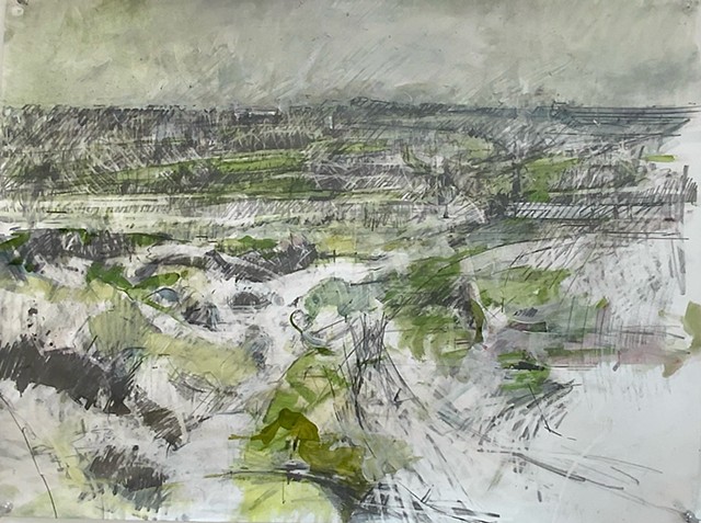 Landscape drawing by Andrew Wykes in graphite with touches of green