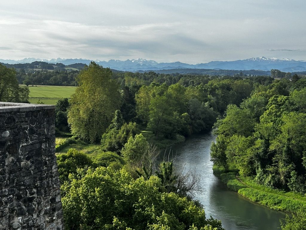 The Gave d’Oloron seen from the village ramparts, with the Pyrenees on the horizon